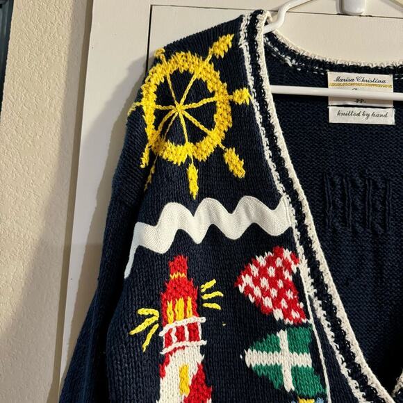 Vintage Marisa Christina Nautical Chunky Hand Knit Cardigan Size PP Grannycore - Picture 5 of 11